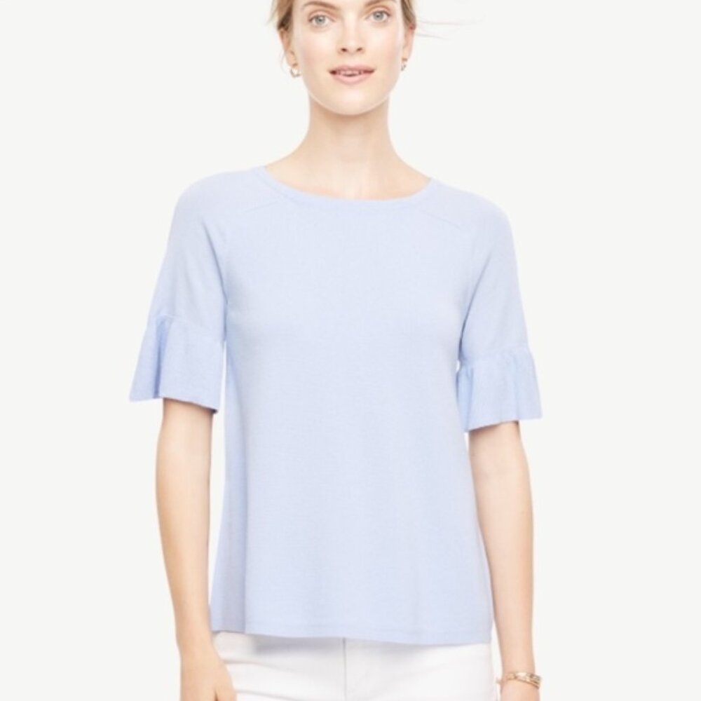 Ann Taylor S Light Blue Stretch Knit‎ Ruffle Bell Flounce Sleeve Pullover Top